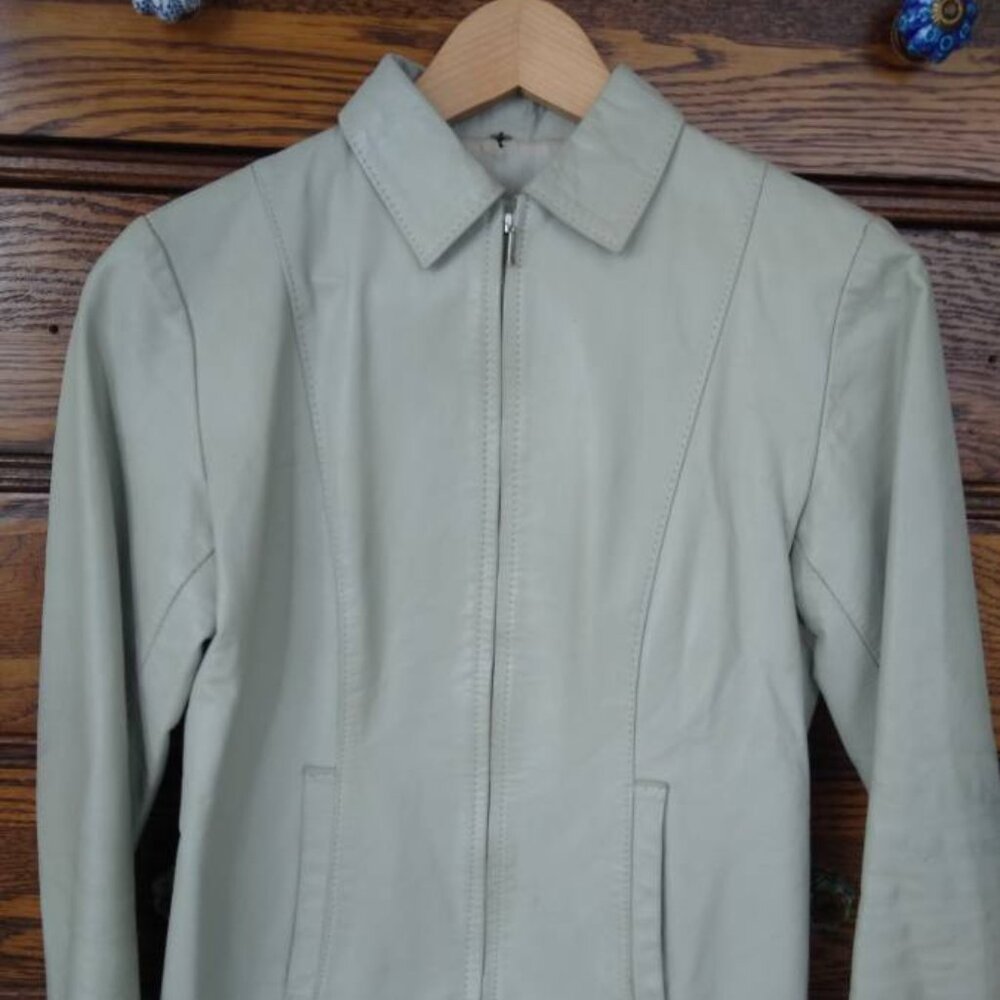 Leather jacket, bone color, zip up, womans 2/4
